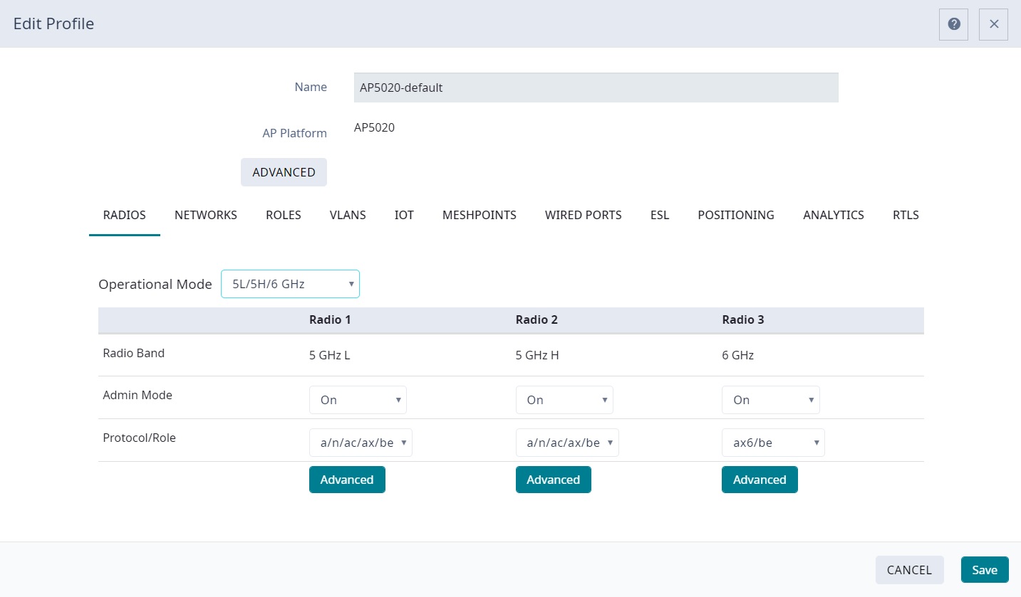 Configuration Profile showing the Radio Mode on the Radios tab. Configuration Profile showing the Radio Mode on the Radios tab.